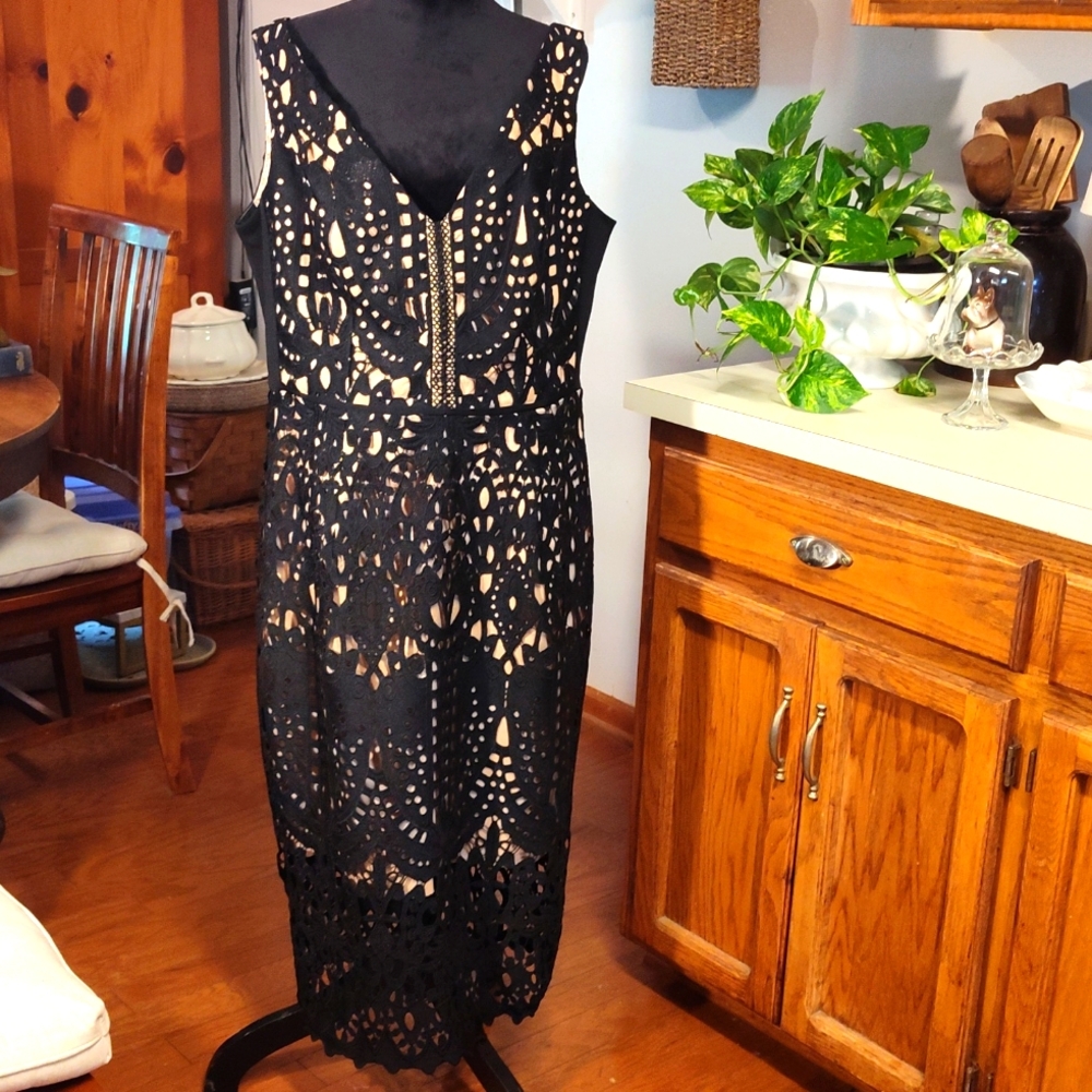 City Chic Black Lace Midi Dress with Nude Lining